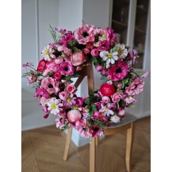 Wieniec na drzwi wiosenny, kwiatowy różowy "Malina w Pudrze" XL